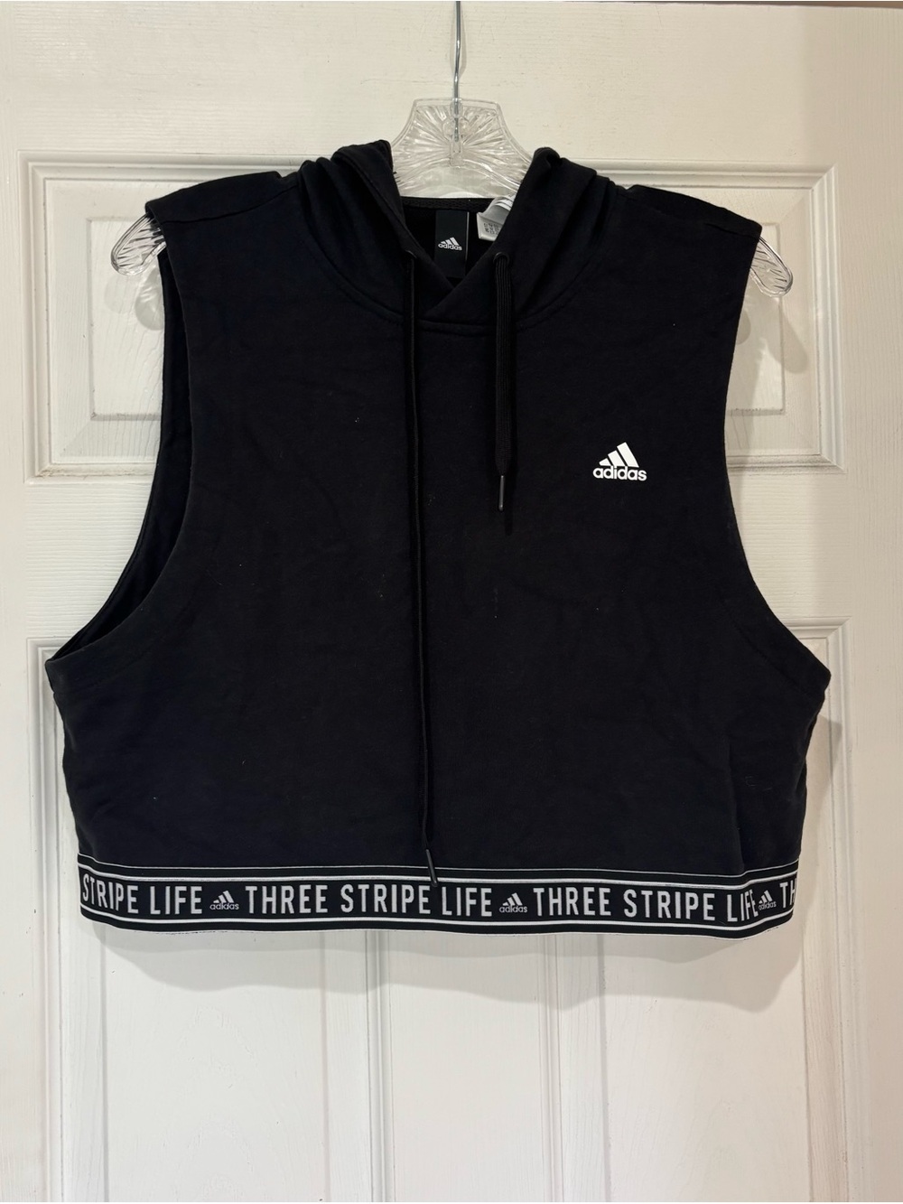 adidas Black Cropped Sleeveless Hoodie with Three Stripe Life Band